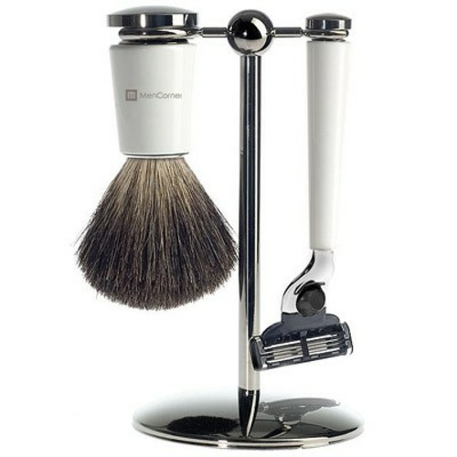 Mencorner.Com - Set De Rasage 3 Pieces Blanc - Lames Mach 3® - Rasoir barbe