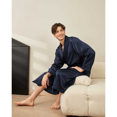 Robe Longue En Soie Luxueuse Classique Pour Homme bleu marine