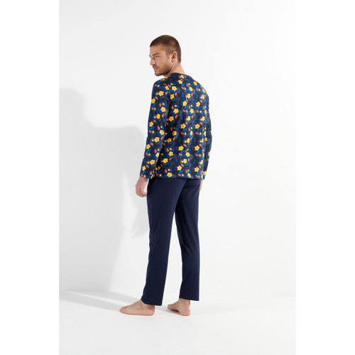 Pyjama pantalon marine + imprimé multicolore en coton