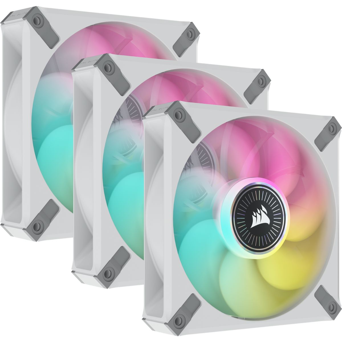 Trois ventilateurs iCUE ML120 RGB ELITE Premium 120mm Blanc avec iCUE Lighting Node CORE