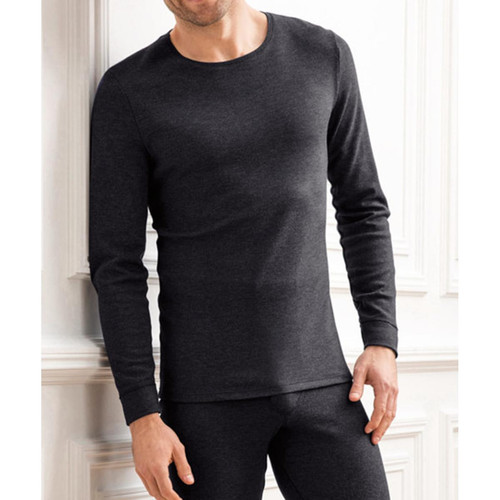 Damart - Tee-shirt manches longues col rond en maille noir - Mode homme