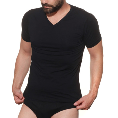 T-shirt col V à manches courtes noir en coton pour homme