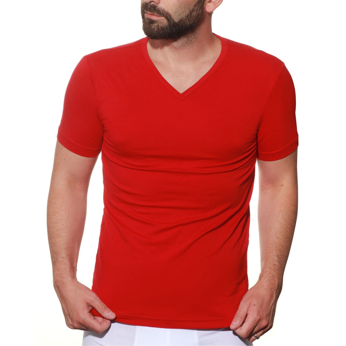T-shirt col V à manches courtes rouge en coton pour homme