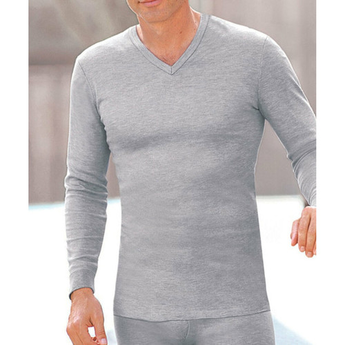 Damart - Tee-shirt manches longues col V en mailles gris - T shirt blanc homme