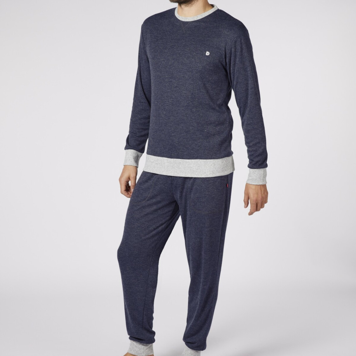 pyjama long homme en coton - bleu chiné et gris clair