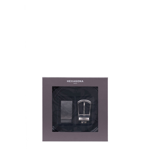 Hexagona - Coffret ceinture 2 boucles - Cuir de vachette - Ceinture homme noir