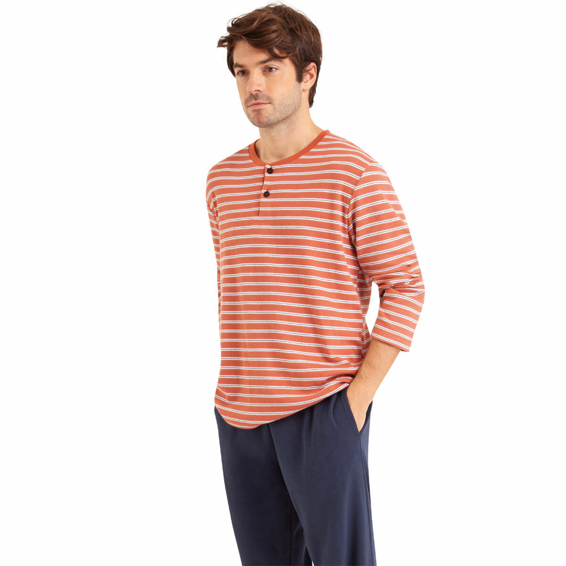 Pyjama long col T homme - Orange en coton