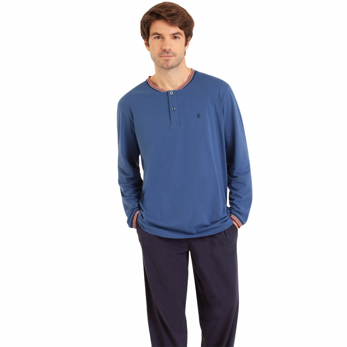 Pyjama long col T homme Jersey bleu en coton