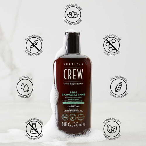 3-En-1 Camomille + Pin : Shampoing, Après-Shampoing, Gel Douche American Crew