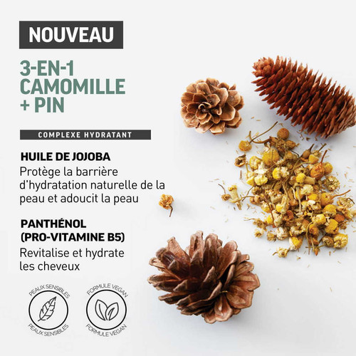 3-En-1 Camomille + Pin : Shampoing, Après-Shampoing, Gel Douche