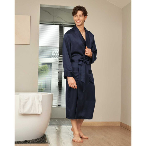 Robe Longue En Soie Luxueuse Classique Pour Homme bleu marine