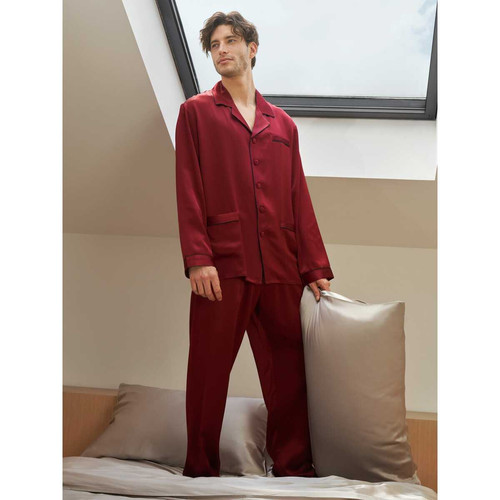 Ensemble De Pyjama En Soie Longue Bordure Contraste Pour Homme rouge