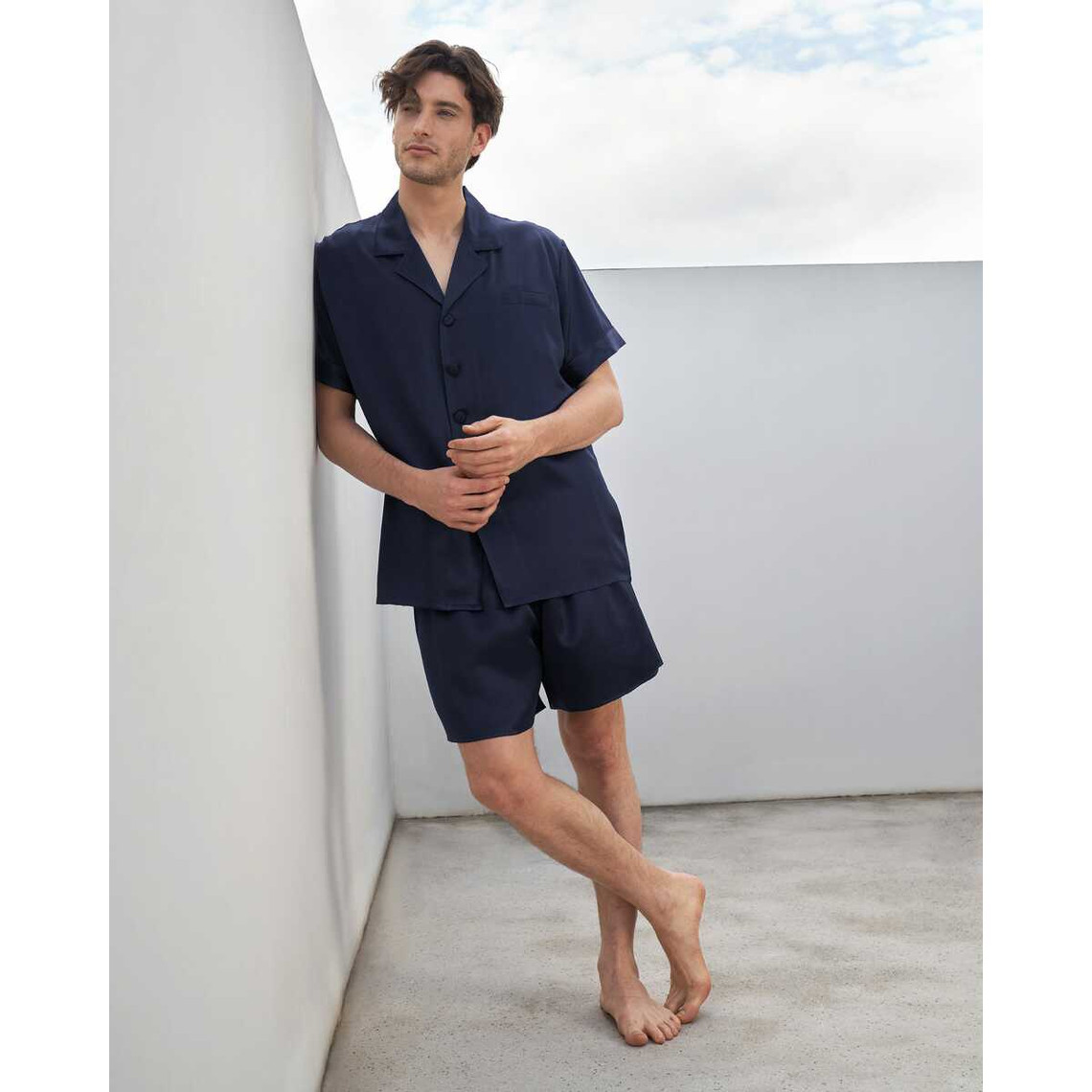 Suite De Pyjashort En Soie Luxueuse Classique Pour Homme bleu marine