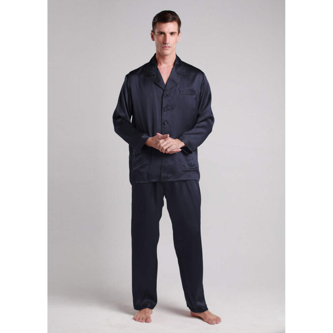 Ensemble De Pyjama En Soie Longue Bordure Contraste Pour Homme bleu marine