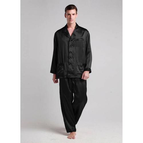 Ensemble De Pyjama En Soie Longue Bordure Contraste Pour Homme noir