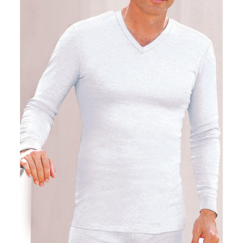 Damart - Tee-shirt manches longues col V en mailles blanc - T shirt polo homme