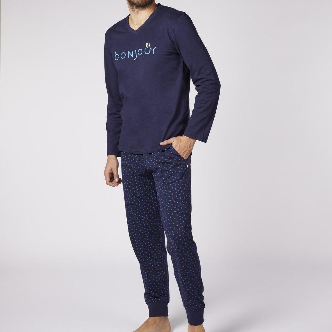 Pyjama Long homme en Coton - Bleu Marine et Motifs en Bleu Clair