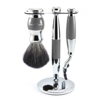 Edwin Jagger - 36 Range 3pc set, Gillette® Mach3® razor, shaving brush, grey, black synthetic fibre with stand, chrome plated - Rasoir homme