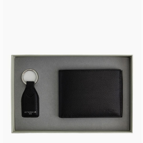 Coffret - Porte clés + Portefeuille en cuir grainé Noir