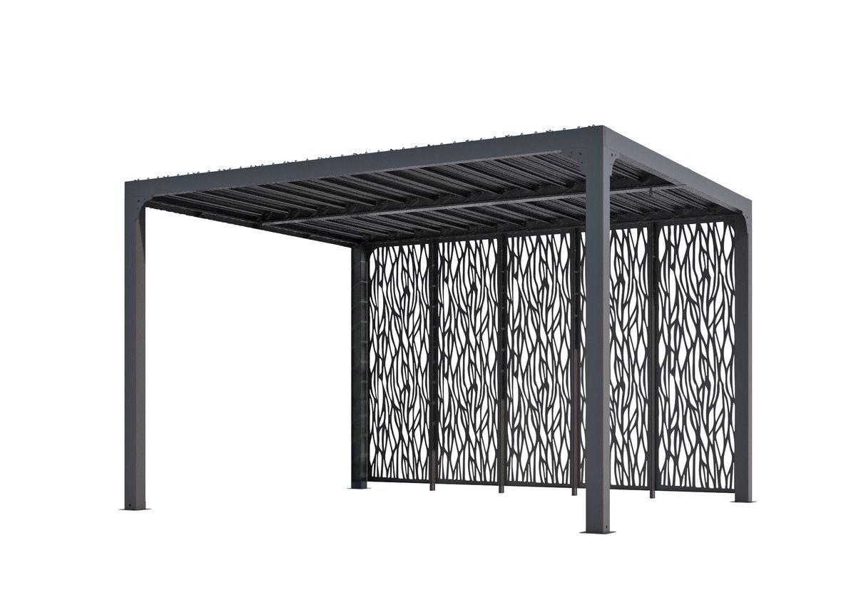 Pergola bioclimatique Aluminium avec 5 panneaux moucharabieh coloris gris pour côté 3,60 m