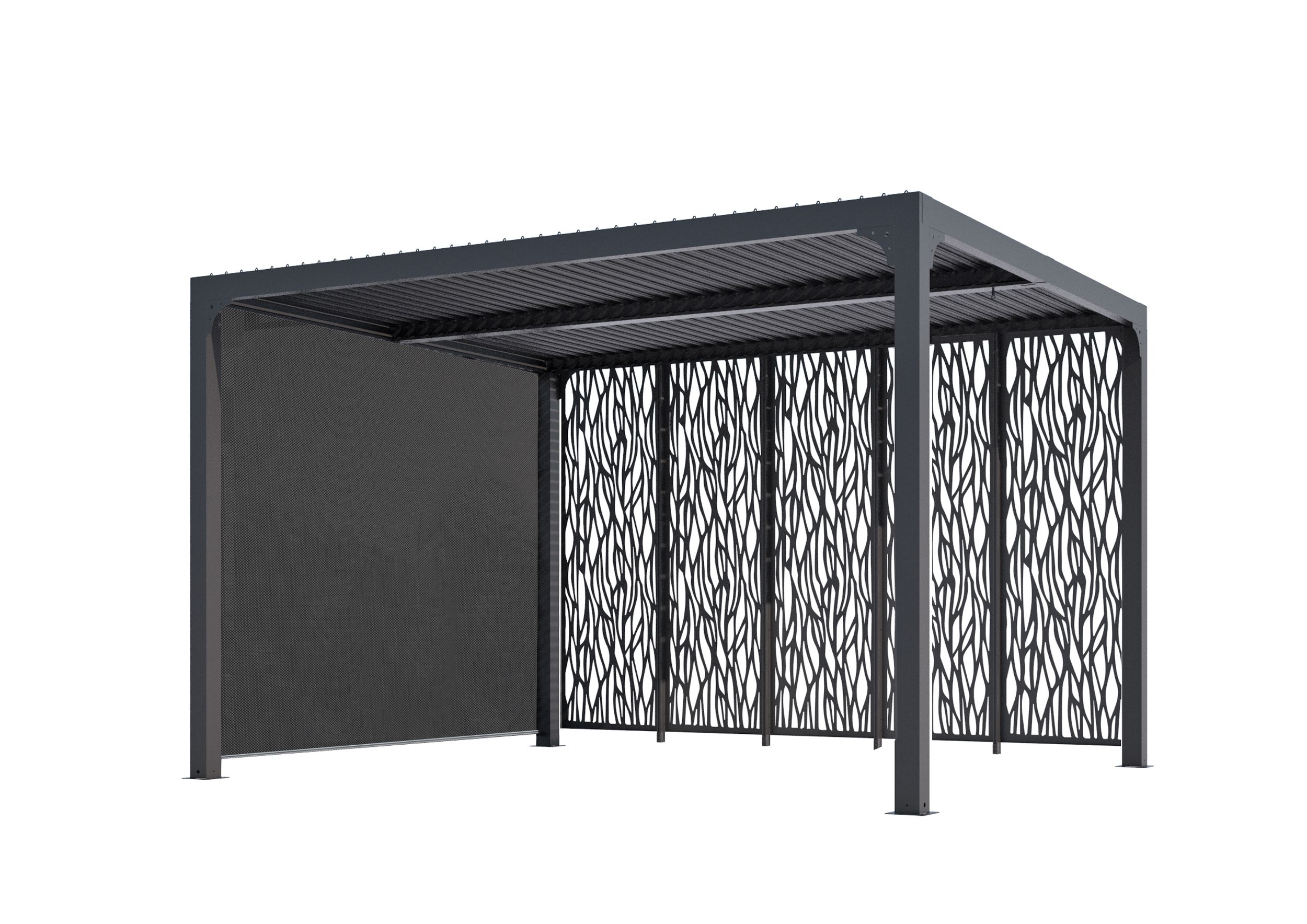 Pergola bioclimatique Aluminium avec rideau manuel et avec panneaux moucharabieh pour côté 3,60 m