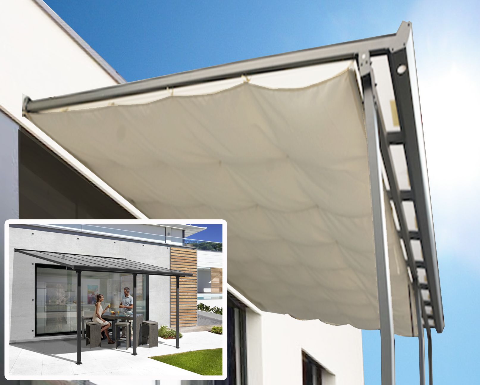 Toit terrasse Aluminium livré avec rideau d'ombrage extensible et toit plaques en Polycarbonate de 6 mm