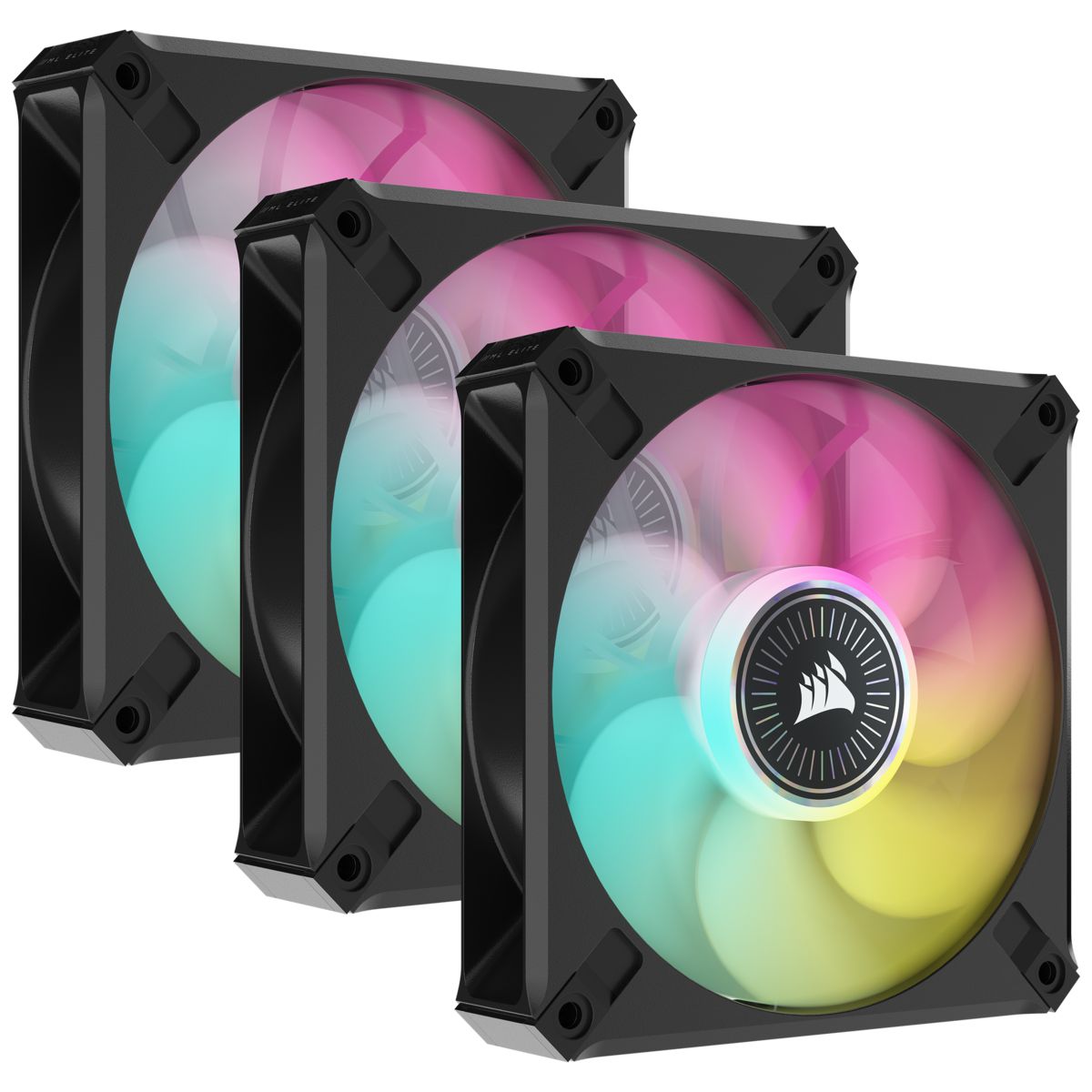 Trois ventilateurs iCUE ML120 RGB ELITE Premium 120mm avec iCUE Lighting Node CORE